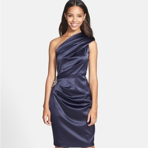 David Meister Navy Blue Satin One Shoulder Beaded Cocktail Dress ZJYT7402 Sz 10 - Picture 1 of 11